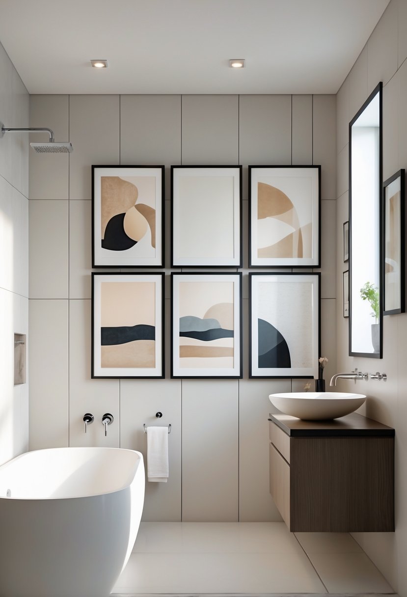 A modern bathroom with eight pieces of wall art displayed on a light-colored wall above a bathtub and vanity.