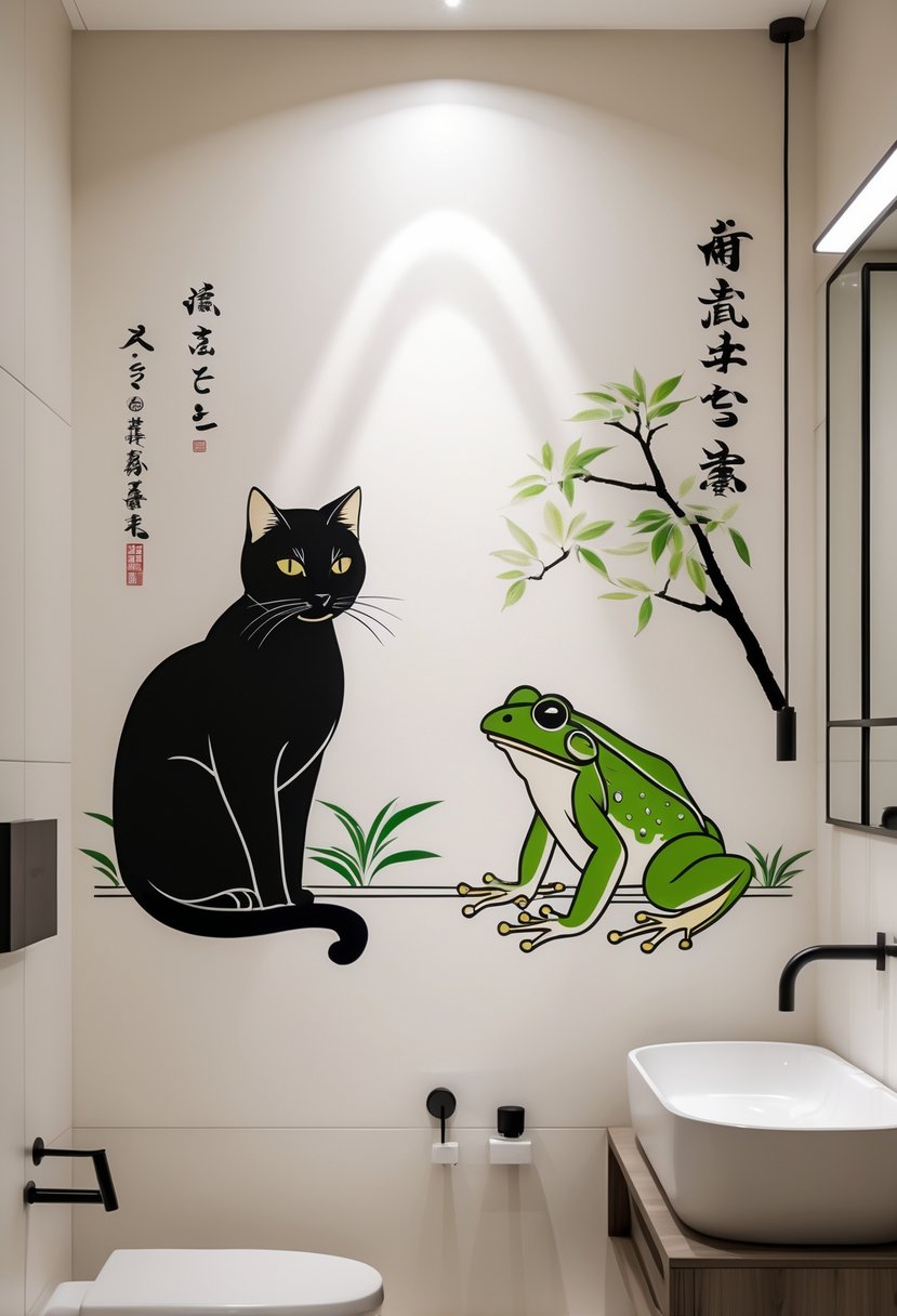 A bathroom wall decorated with artwork showing a black cat and a green frog, with a sink and bathroom fixtures nearby.