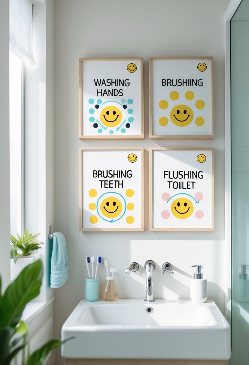 A set of three colorful bathroom wall art prints depicting washing hands, brushing teeth, and flushing the toilet above a white sink in a bright and clean bathroom.