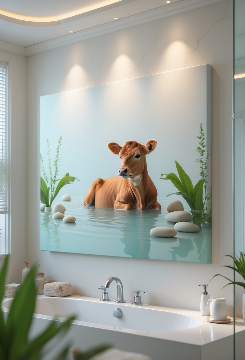 A modern bathroom with a large canvas wall art showing a calm calf in a spa setting, surrounded by natural elements like stones and plants.