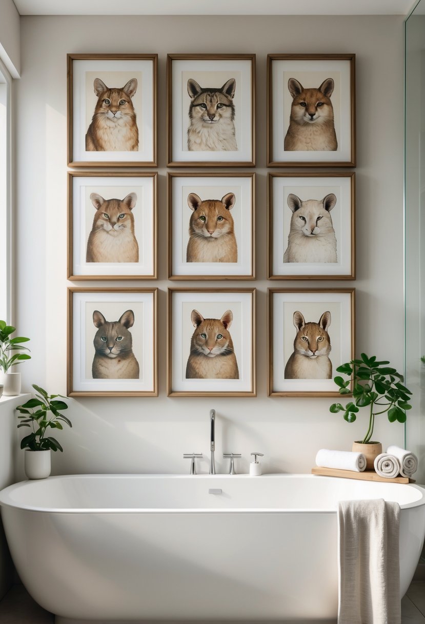 A bathroom with eight framed vintage animal prints displayed on the wall above a white bathtub, surrounded by plants and bathroom accessories.
