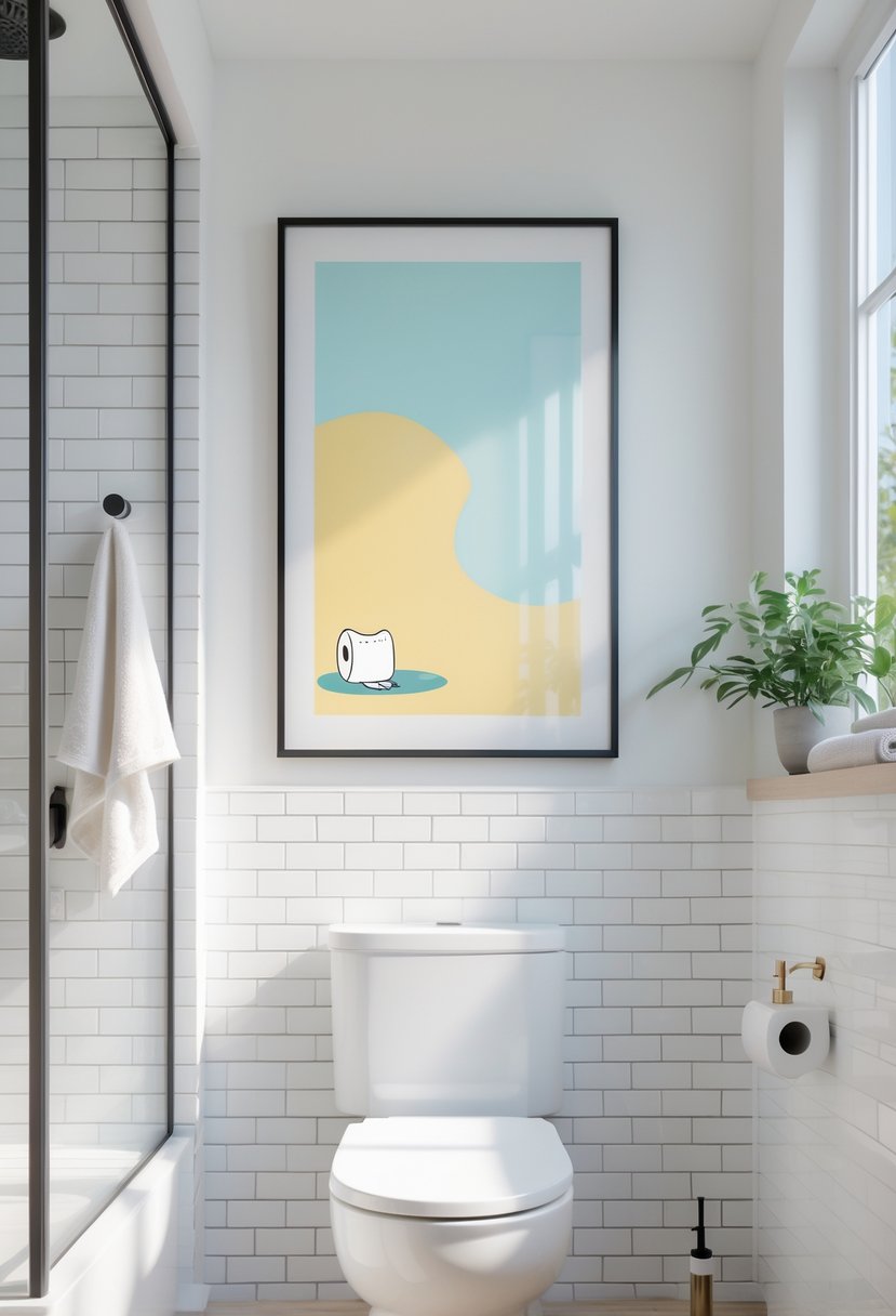 A modern bathroom with a framed decorative art piece hanging above a white toilet, featuring bathroom accessories and natural light.