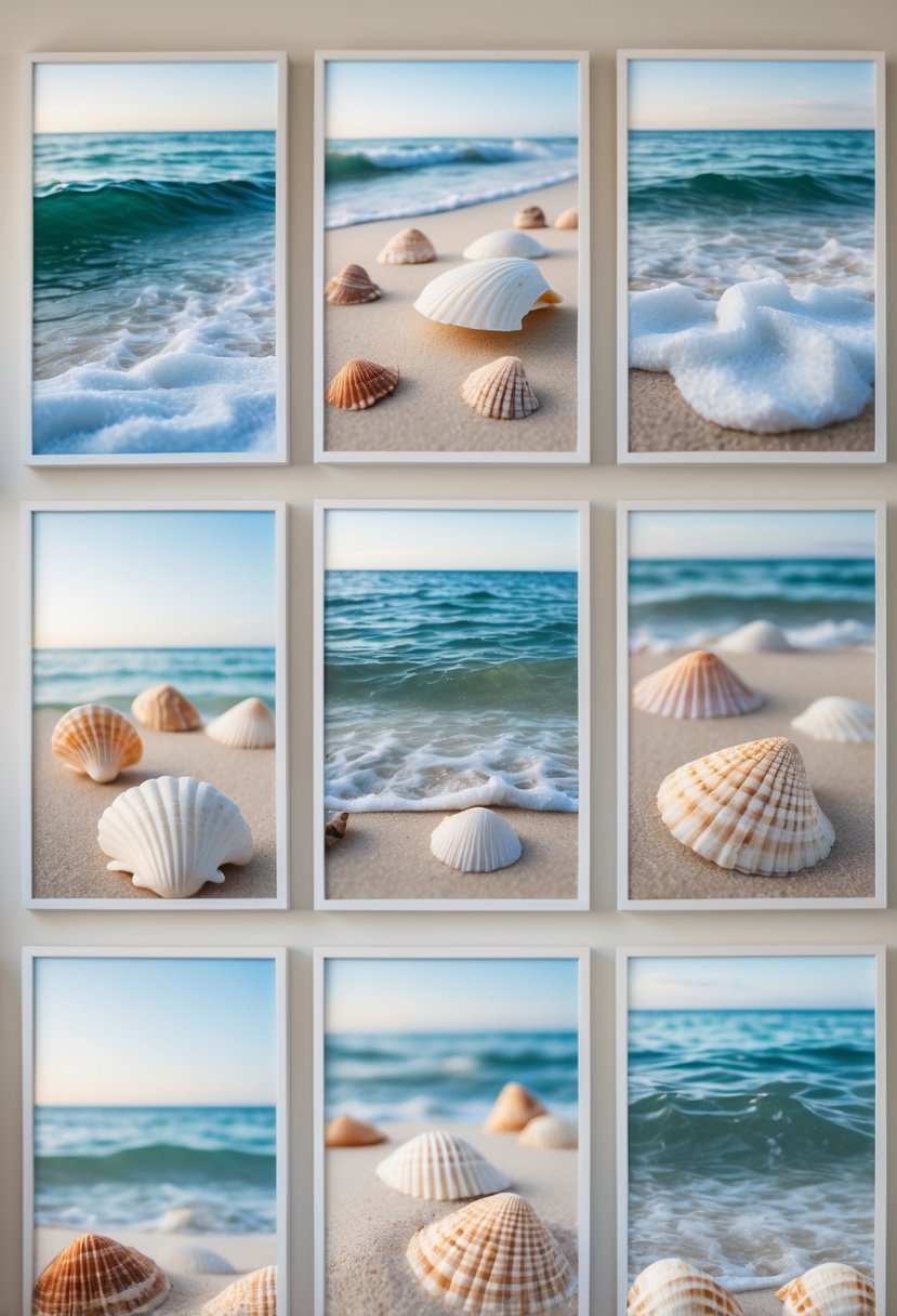 Eight framed prints of ocean waves and seashells arranged on a bathroom wall.
