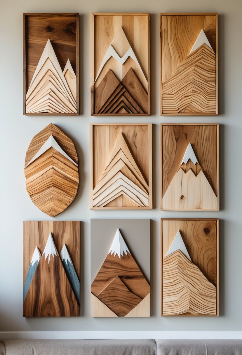 Seven wooden wall art pieces depicting mountain landscapes arranged on a plain wall.