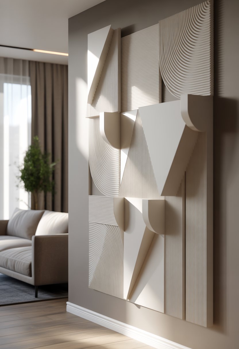 A modern living room wall decorated with three-dimensional geometric wall art and subtle shadows, with a sofa and plant nearby.