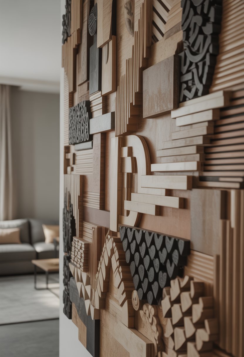 A close-up view of a modern interior wall decorated with textured 3D wall art made from wood, metal, and plaster in geometric patterns.