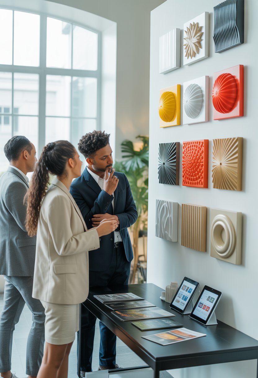 People examining various 3D wall art pieces displayed on a white wall in a modern room.