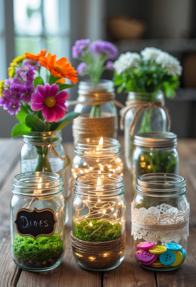 Seven mason jars on a wooden table, each decorated differently with flowers, candles, lights, paint, plants, dessert layers, and lace.