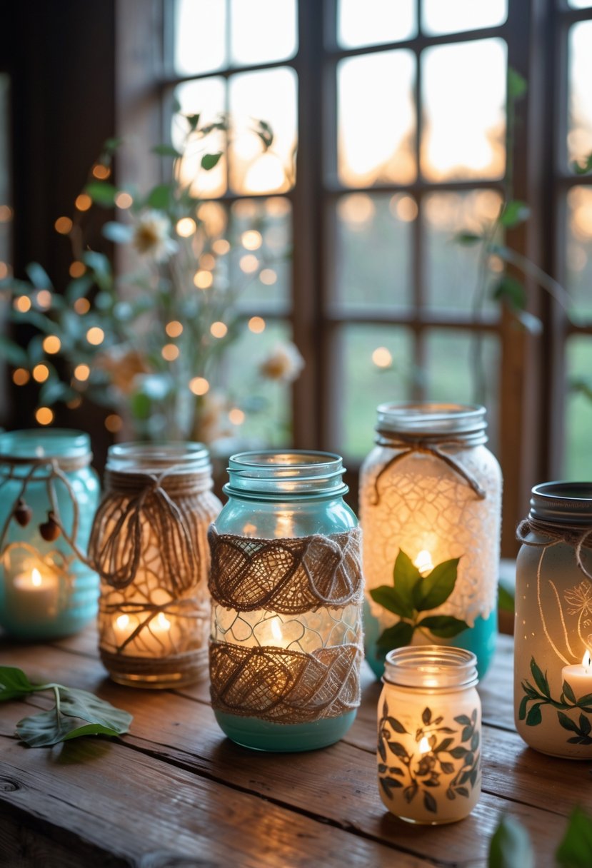 Seven decorated mason jars with lit candles inside arranged on a wooden surface.