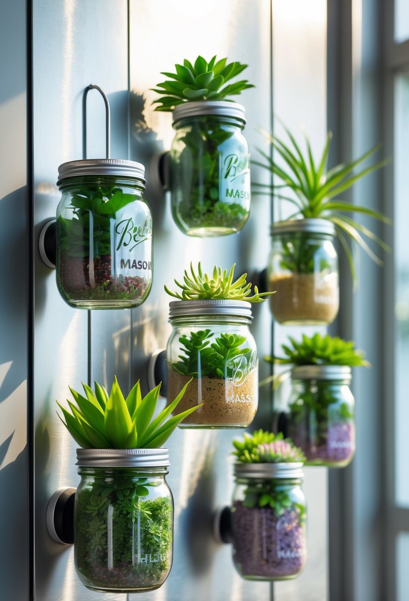 Seven magnetic hanging mason jar planters with green plants attached to a vertical metal surface.