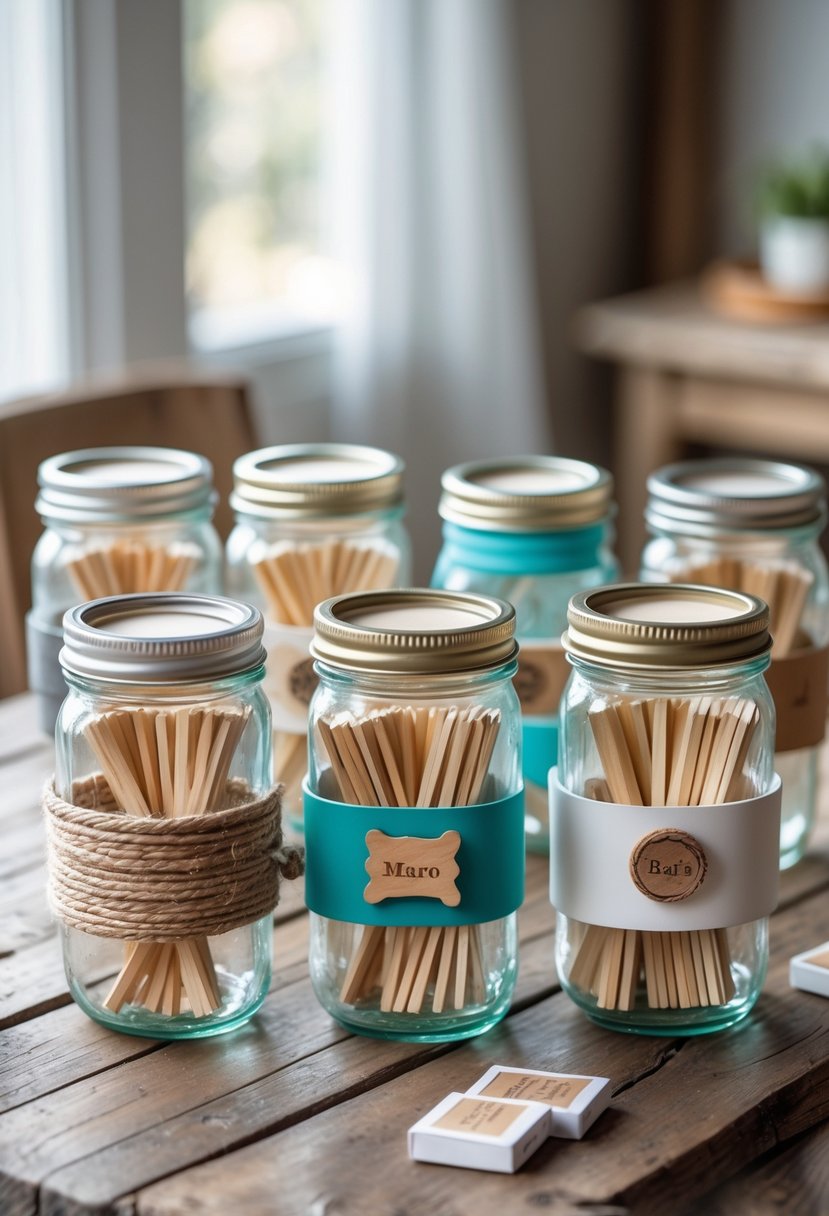 Seven mason jars creatively used to store matchboxes arranged on a wooden table.