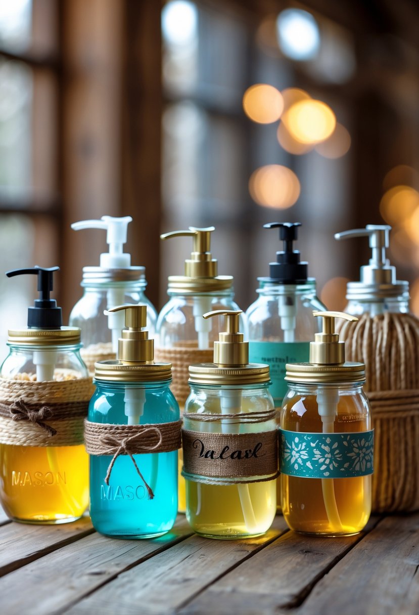 Seven rustic mason jars used as soap dispensers arranged on a wooden surface with different designs and colors.