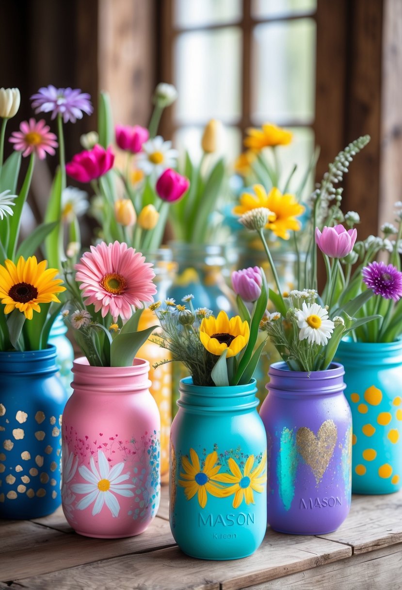 Seven painted mason jars filled with colorful flowers arranged on a wooden table.
