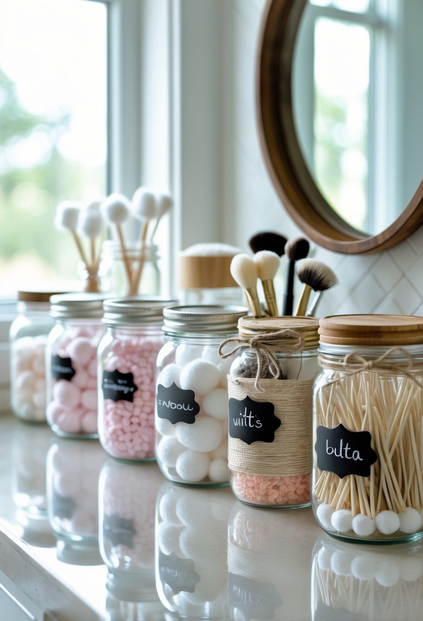 Seven mason jars with lids holding bathroom items like cotton balls, swabs, and brushes arranged on a bathroom shelf.