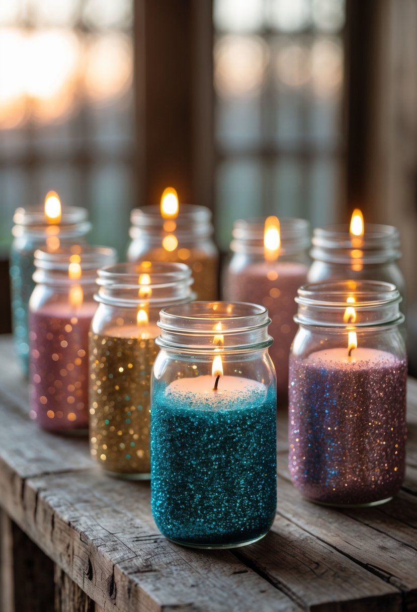 Seven glitter-decorated mason jars holding lit candles arranged on a wooden surface, glowing warmly.