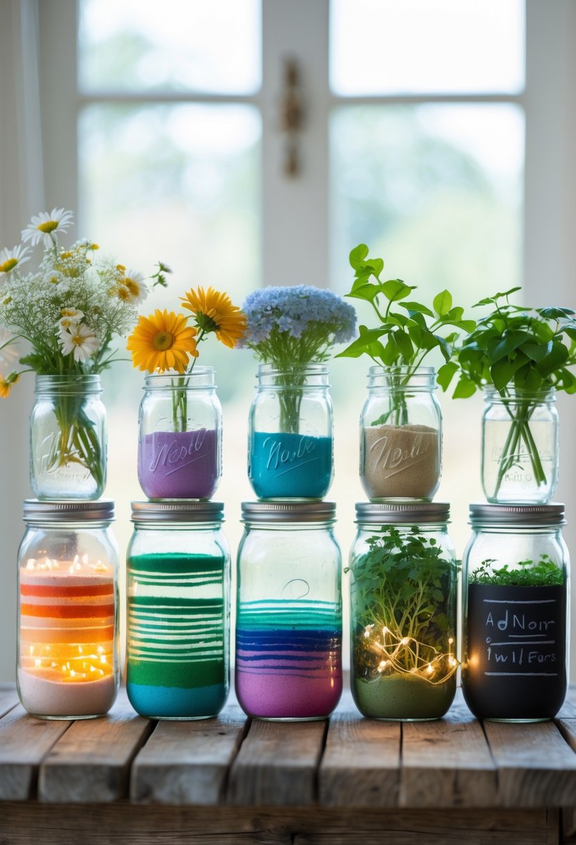 Seven uniquely decorated mason jars displayed on a wooden table, each used for different crafts like holding flowers, candles, plants, fairy lights, and craft supplies.