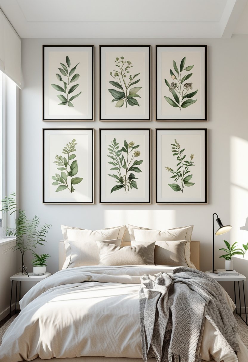 A bedroom with a gallery wall of framed botanical prints above the bed, featuring plants and flowers, with natural light and neutral decor.