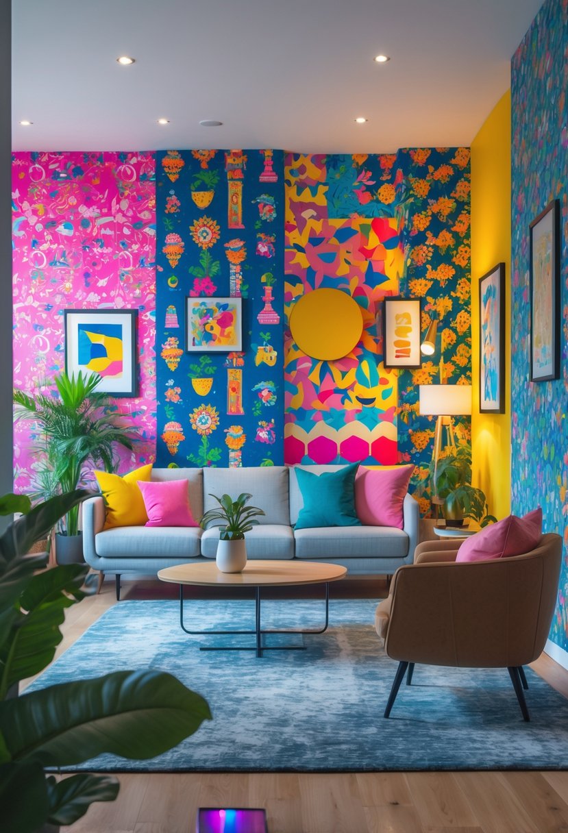 A modern living room with multiple walls covered in different colorful wallpaper patterns, featuring furniture and plants.