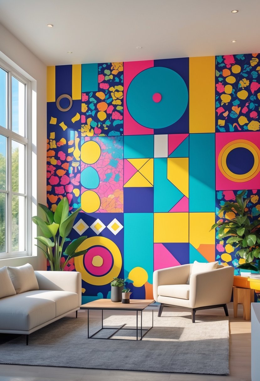 A modern living room with a large colorful patterned wall, neutral furniture, and natural light coming through windows.