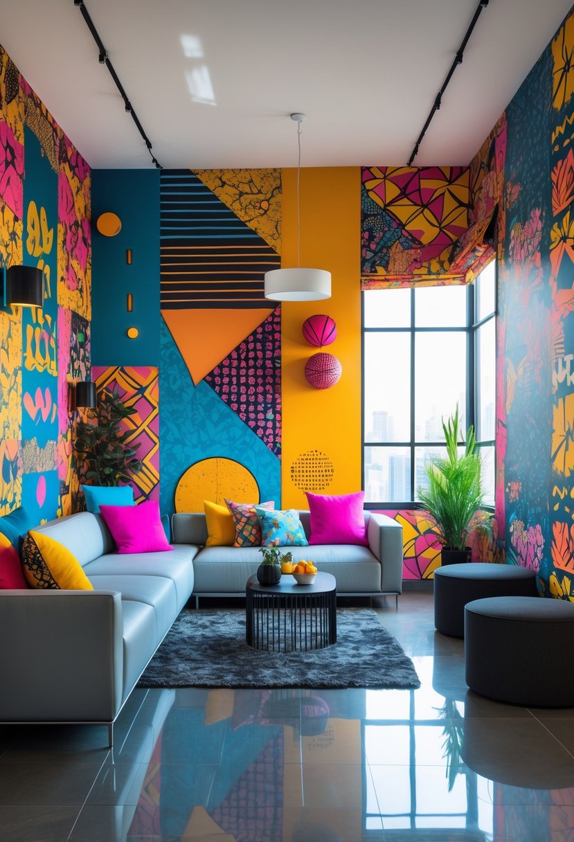 A modern living room with colorful patterned wallpaper and stylish furniture illuminated by natural light.