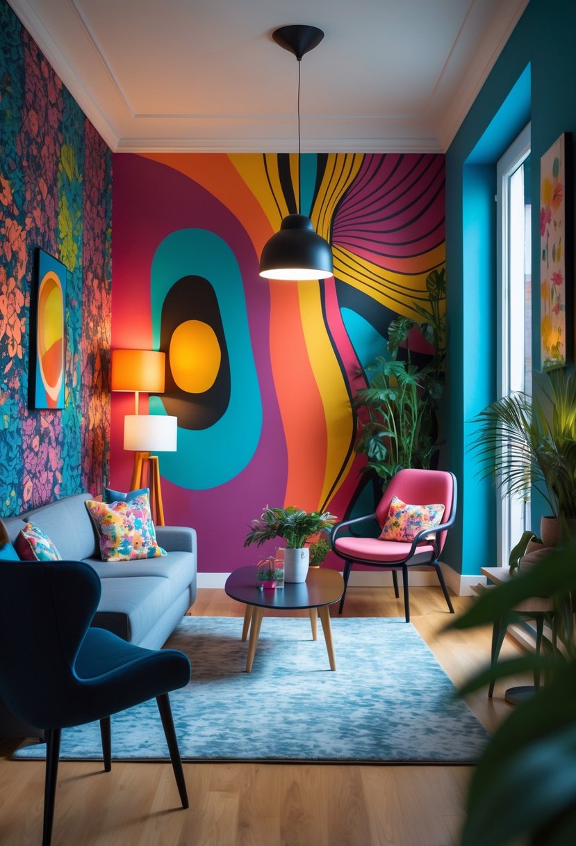 A modern living room with colorful patterned wallpaper on the walls, stylish furniture, and decorative plants.