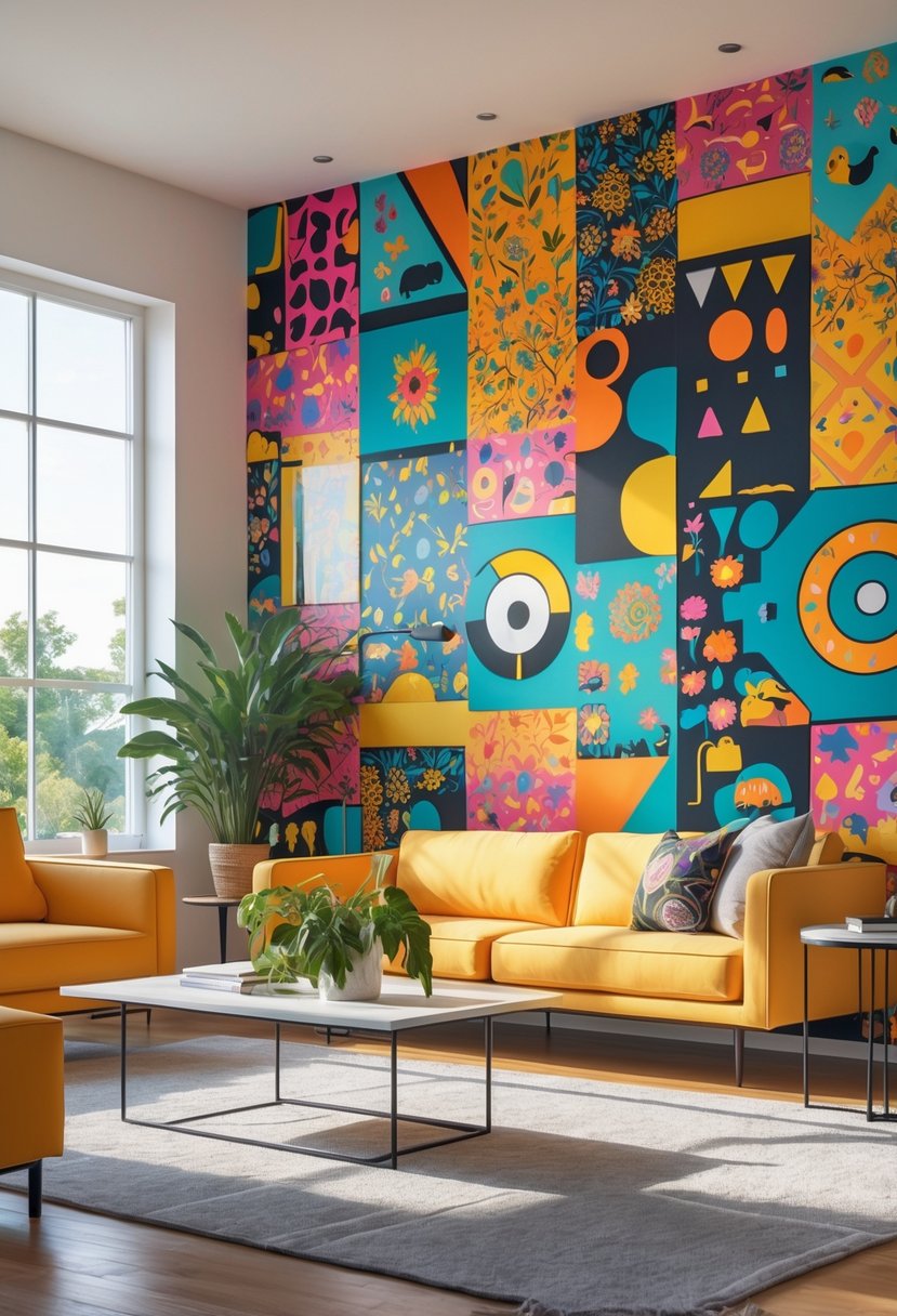 A modern living room with a large colorful patterned accent wall and contemporary furniture.