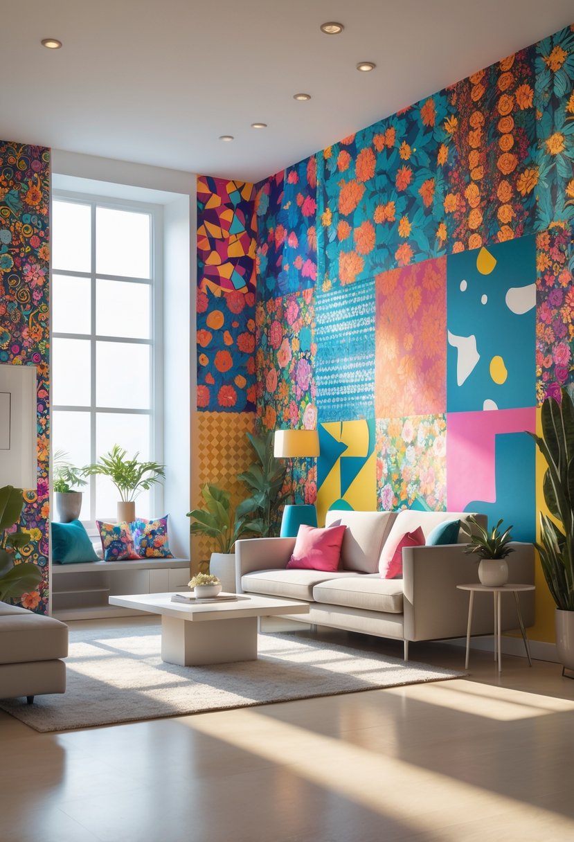 A modern living room with colorful, patterned wallpaper on the walls and stylish furniture arranged around the space.