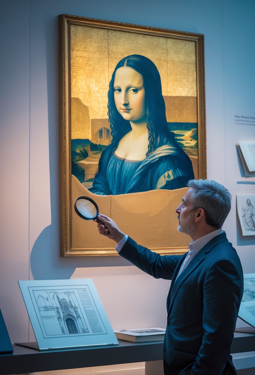 An expert examining the Mona Lisa painting in a museum gallery, pointing at it with a magnifying glass while surrounded by art books and sketches.