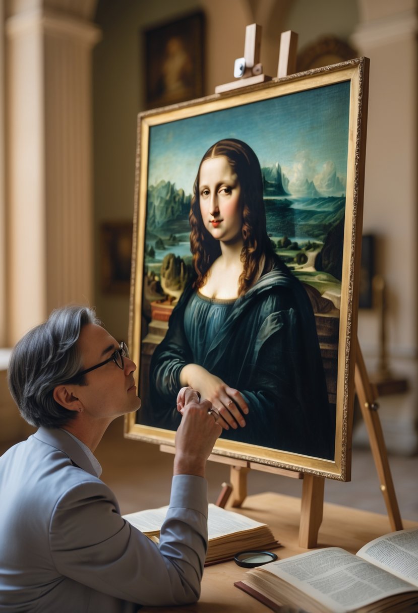 An art historian examines a detailed reproduction of the Mona Lisa painting in a museum setting with art research materials nearby.