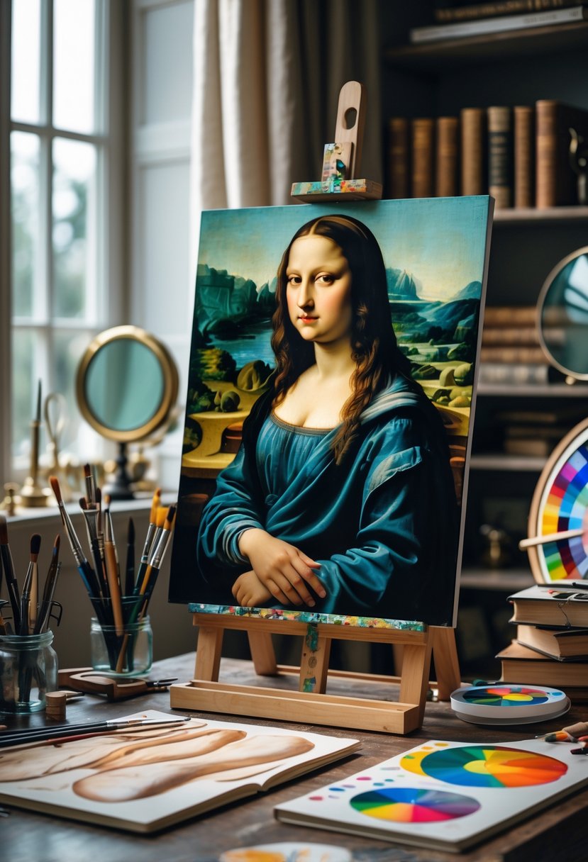 An art studio with a Mona Lisa painting on an easel surrounded by painting tools, sketches, and art books.