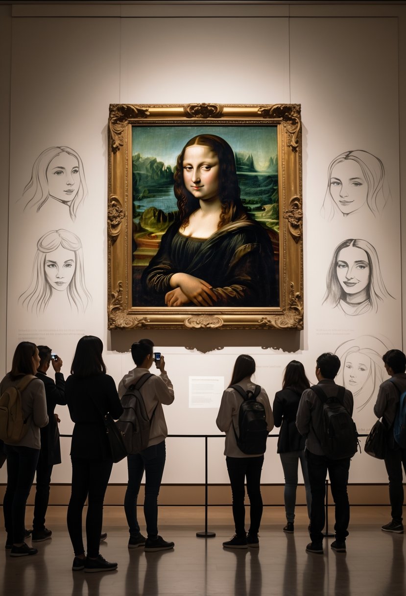 A museum scene showing people observing the Mona Lisa painting displayed on a wall with soft lighting.