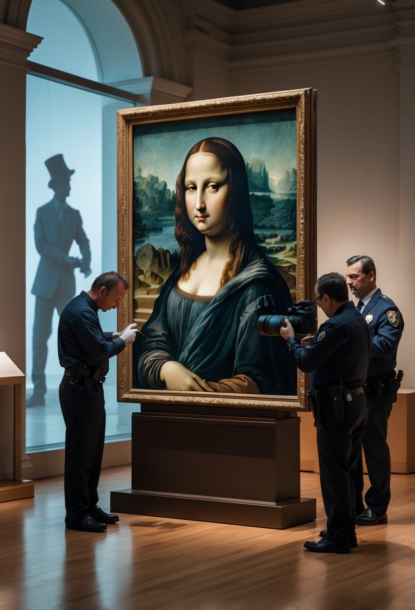 A team of experts examining the Mona Lisa painting in a museum gallery with conservation equipment nearby.
