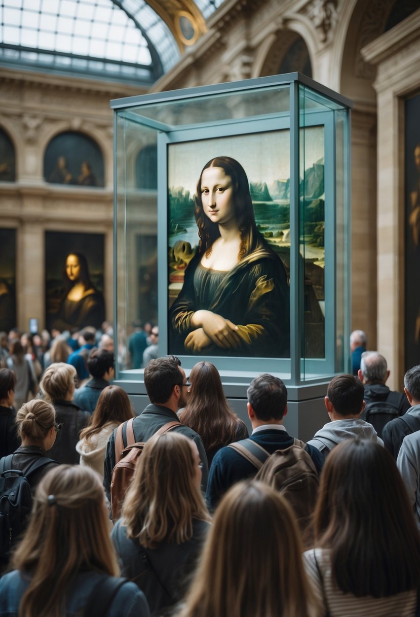 The Mona Lisa painting displayed in the Louvre Museum with visitors admiring it behind a protective glass case.
