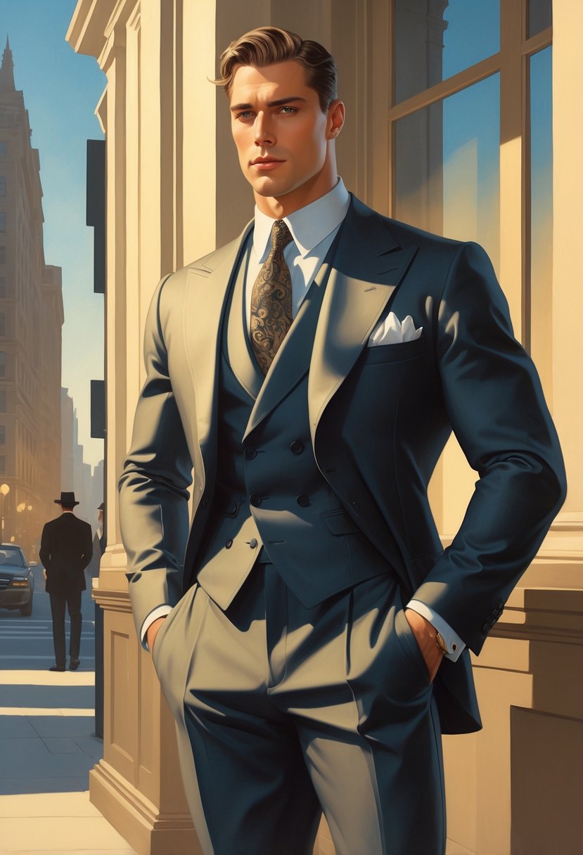 A confident man in a sharp suit stands in an elegant city setting with warm lighting and classic architecture.