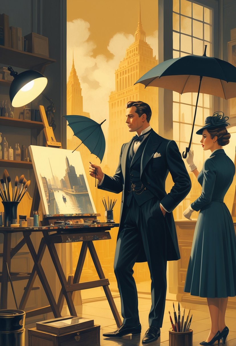 An artist working in a vintage studio surrounded by paintings of stylish men and women dressed in early 20th-century clothing.