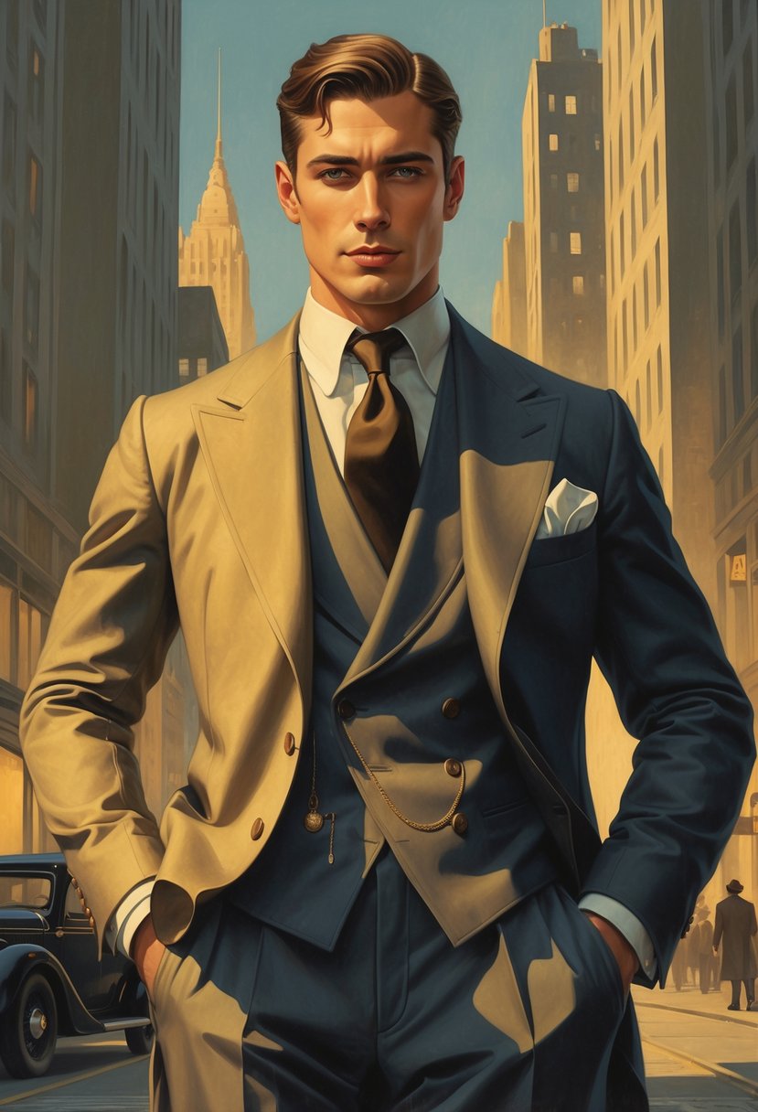 A well-dressed man in a 1920s suit stands confidently in front of an urban backdrop with classic architectural details.