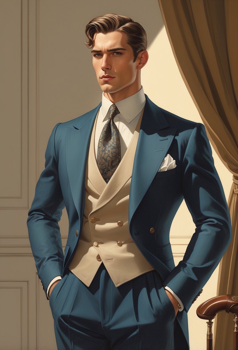 A sharply dressed man stands confidently with a poised expression, wearing a tailored suit and classic hairstyle, against a simple warm background.