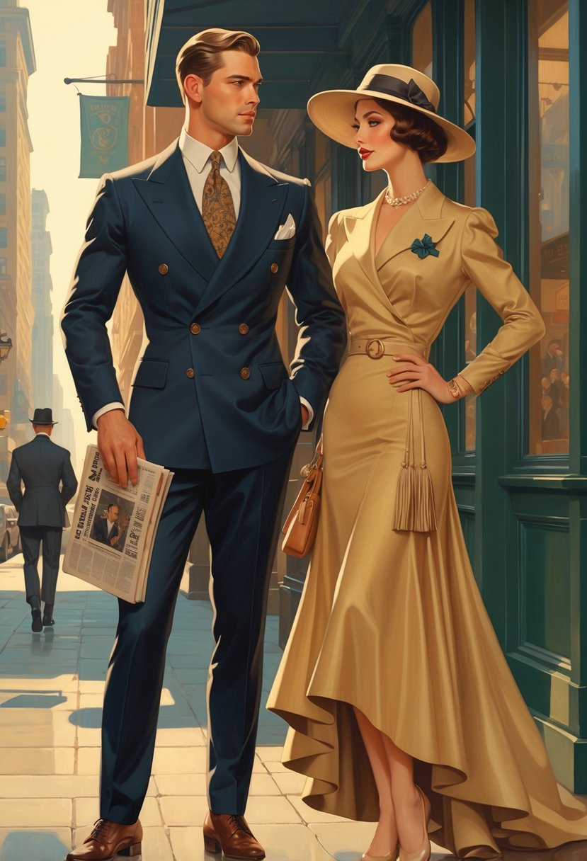 A man and woman dressed in early 20th century clothing stand in a city street scene with buildings and storefronts in the background.