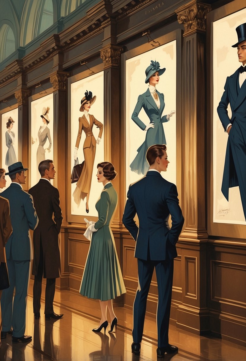 An exhibition hall with visitors admiring early 20th-century illustrations featuring stylish men and women in vintage clothing.