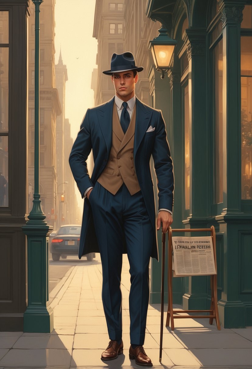 A well-dressed man stands confidently in a vintage city street with classic buildings and warm lighting.