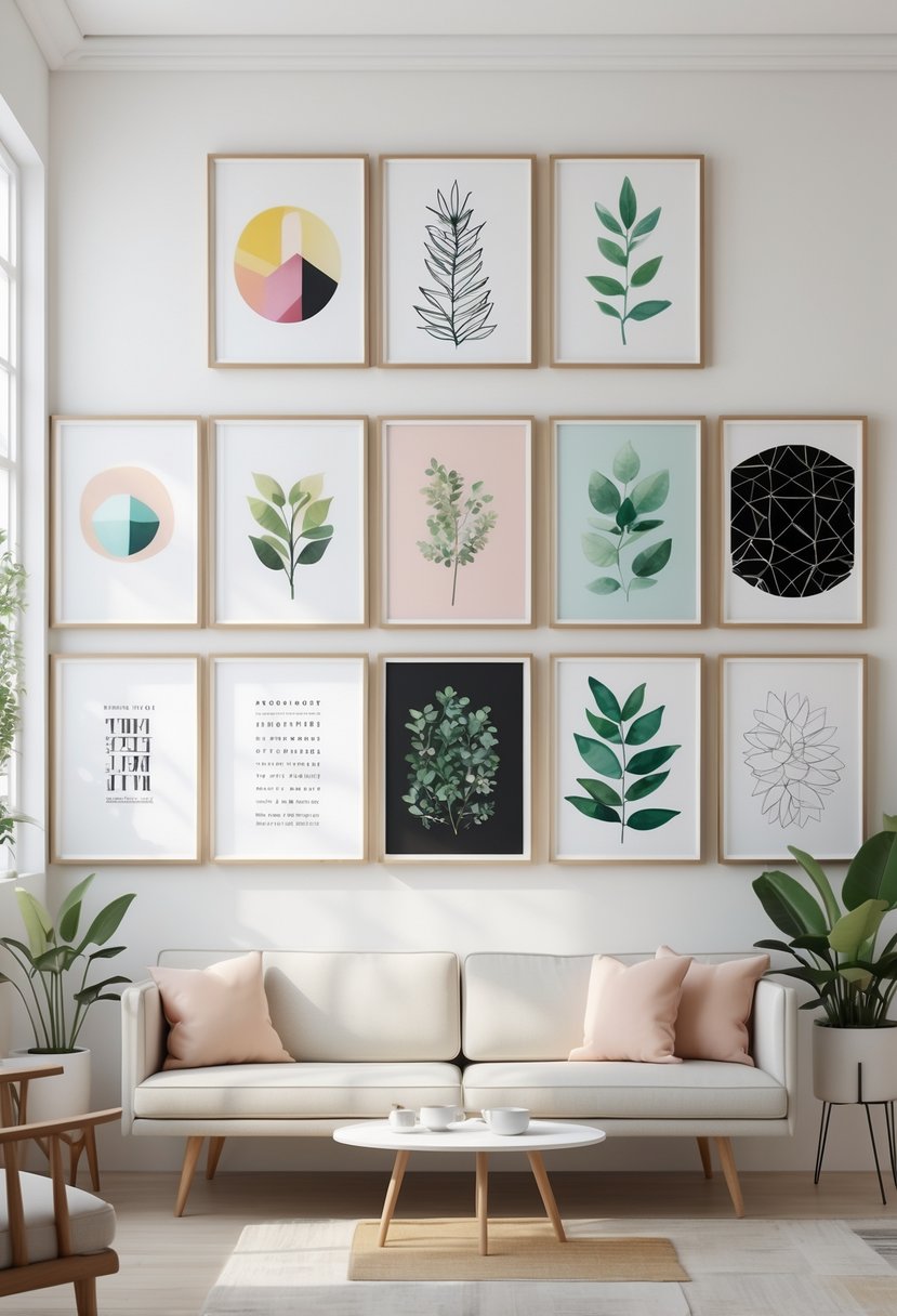 A bright room with eight different framed artworks displayed on a white wall above a sofa, featuring various styles and colors.