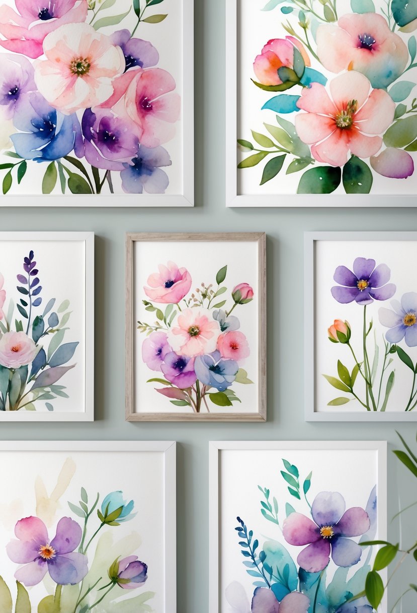 Eight framed floral prints featuring colorful flowers arranged neatly on a neutral background.