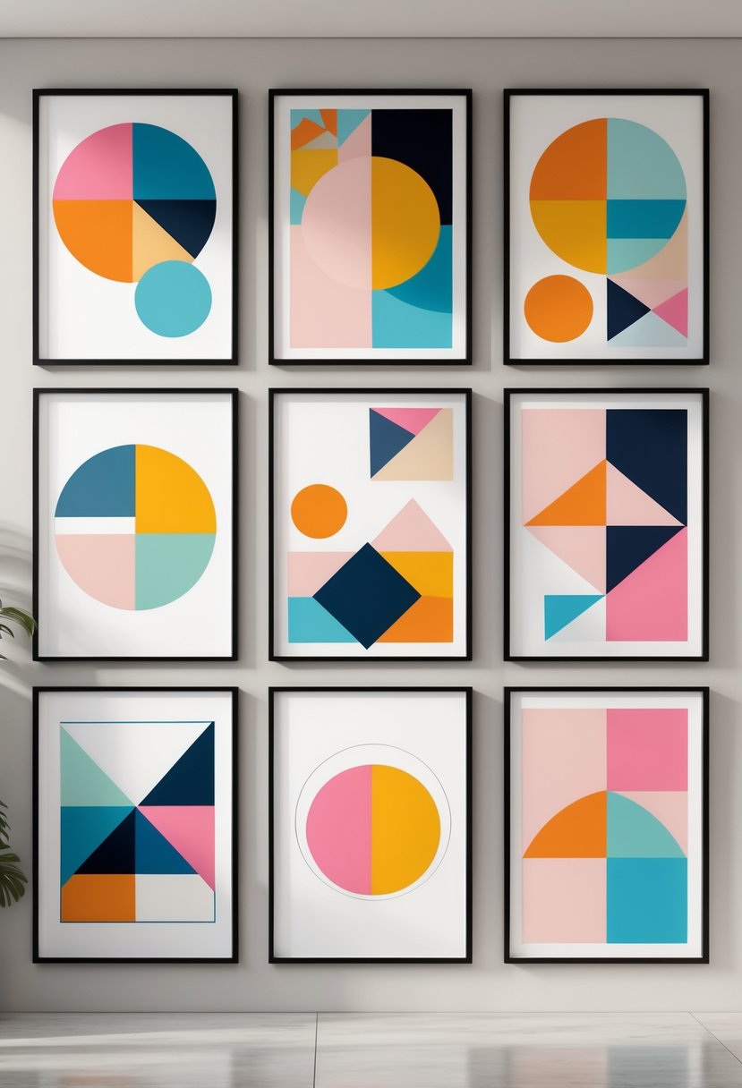 Eight colorful abstract geometric wall art pieces displayed together on a neutral background.