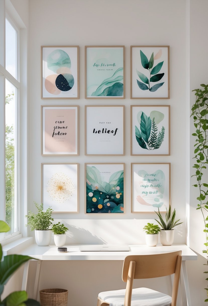 A bright workspace with a desk and eight framed abstract and nature-themed artworks arranged on the wall behind it, surrounded by plants and natural light.