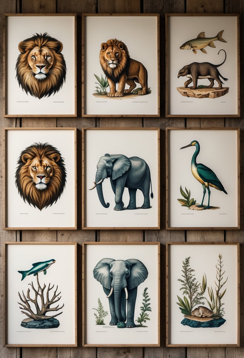 Eight framed vintage animal illustrations arranged on a wooden wall.