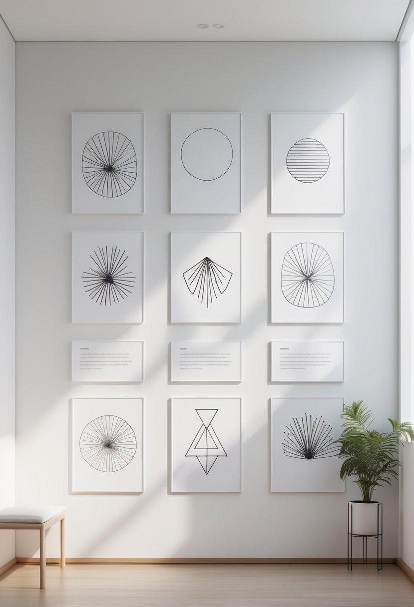 A gallery wall displaying eight framed minimalist black and white line art prints in a bright, modern room.