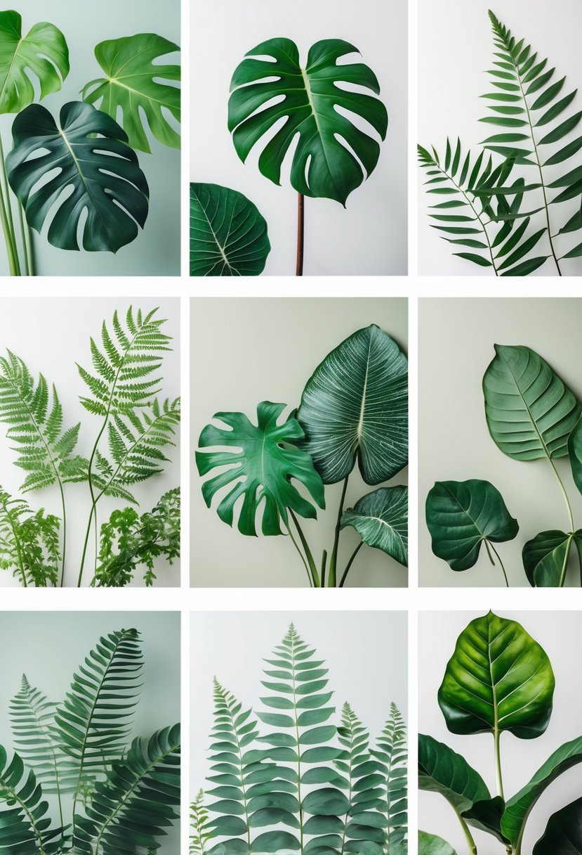 Eight detailed botanical leaf illustrations arranged as printable wall art on a light background.