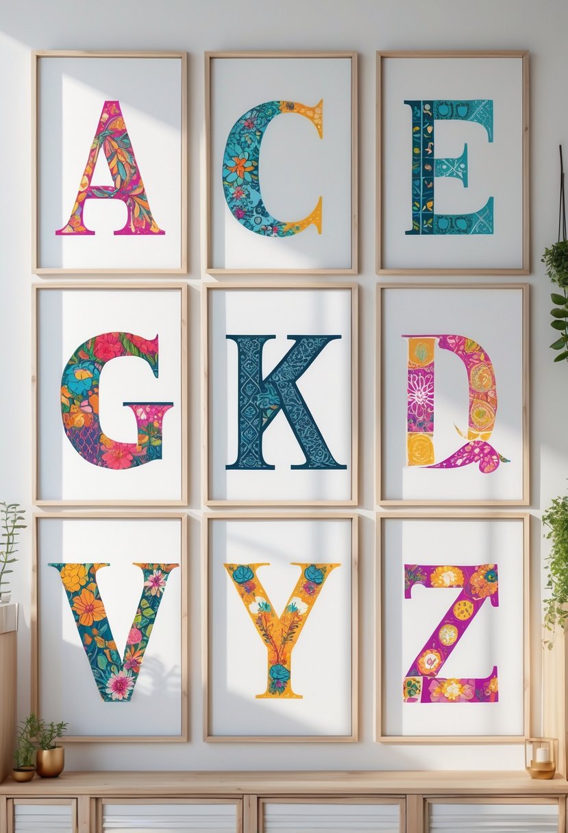 Eight uniquely designed alphabet letters displayed as wall art in a bright room with plants and a wooden surface.