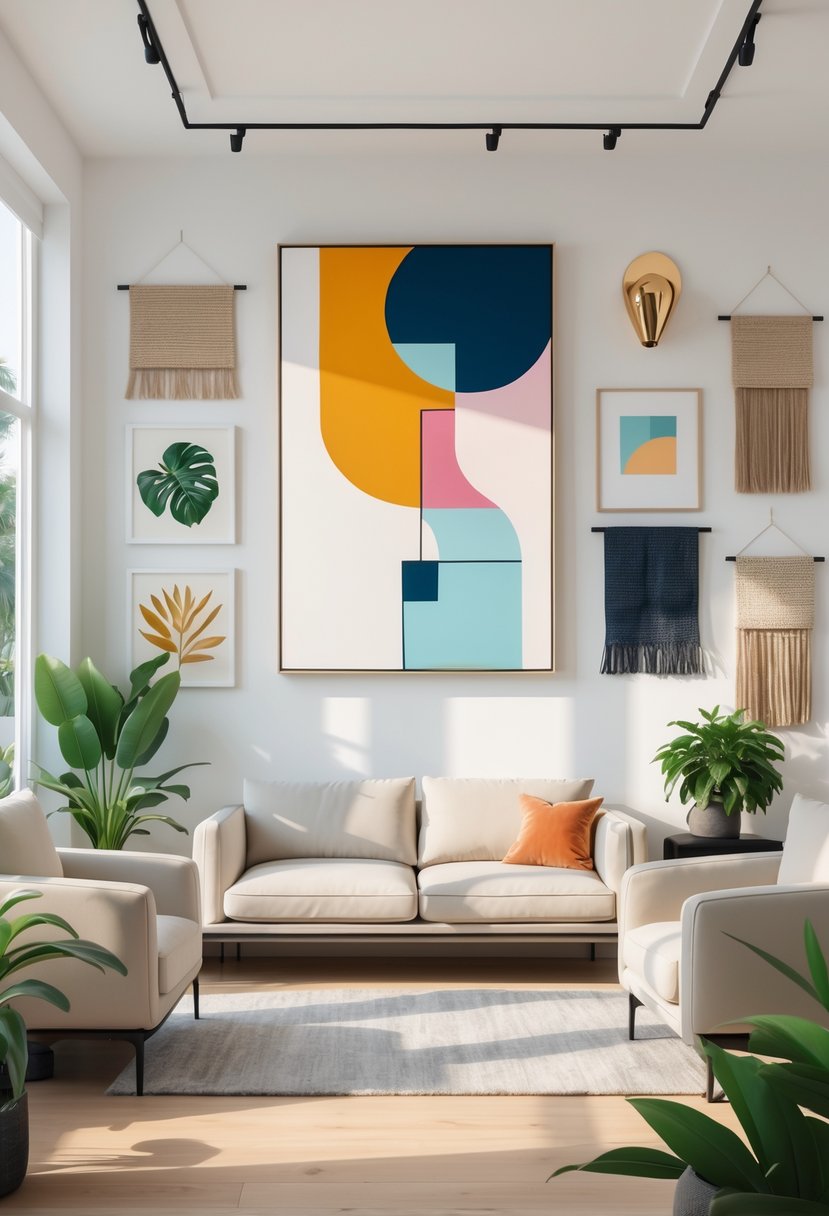 A modern living room with a sofa and various pieces of wall art including abstract paintings, nature prints, and a metallic sculpture.
