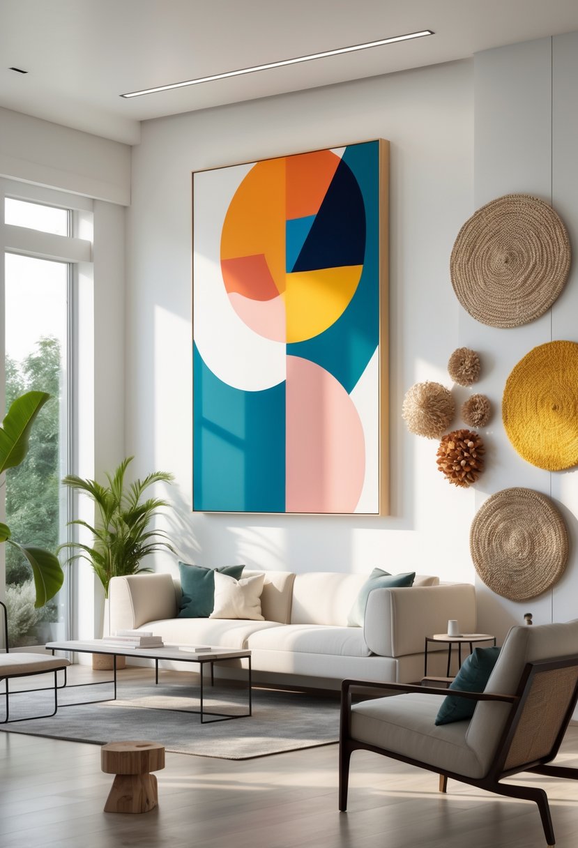 A modern living room with a large abstract painting and various textured wall art pieces above a sofa, surrounded by plants and natural light.